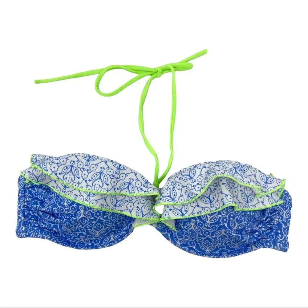 Victoria’s Secret Blue Floral Print Ruffle Neo Green Tie Bikini Top Size 34 B
